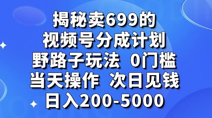 零门槛野路子玩法揭秘：卖699的短视频号分成计划，当天操作，次日即可赚取200-5000元-Alimm.Com-码²，建站源码，游戏源码，网站模版，小程序app代码，网站源码，站长论坛