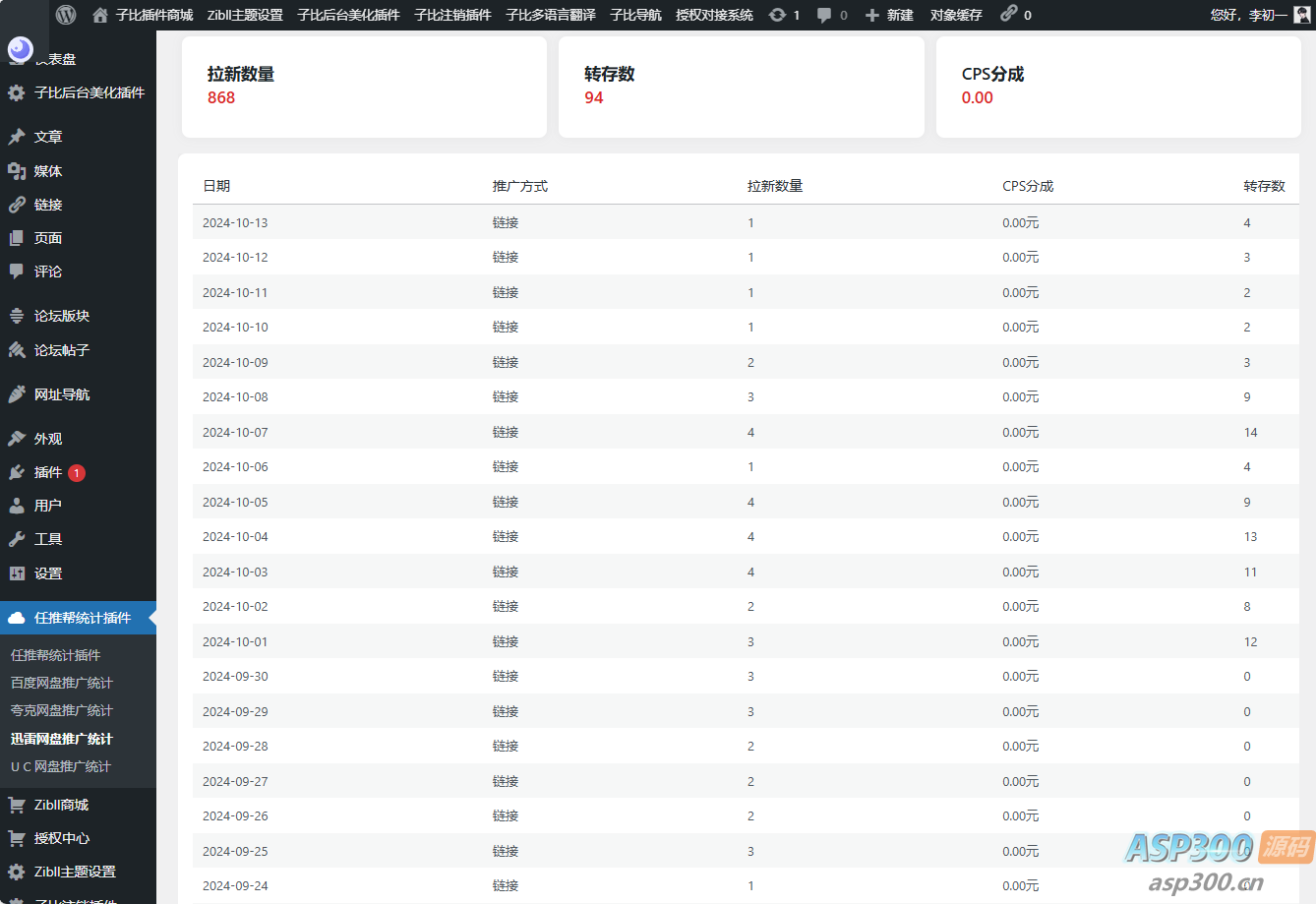 WordPress任推帮网盘拉新数据统计插件