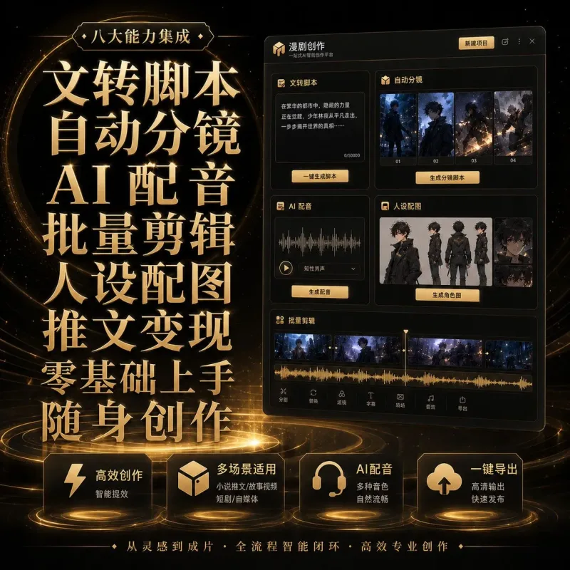 云豆AI漫剧创作工具小说写作AI生图三合一自动分镜配音副业软件-Alimm.Com-码²
